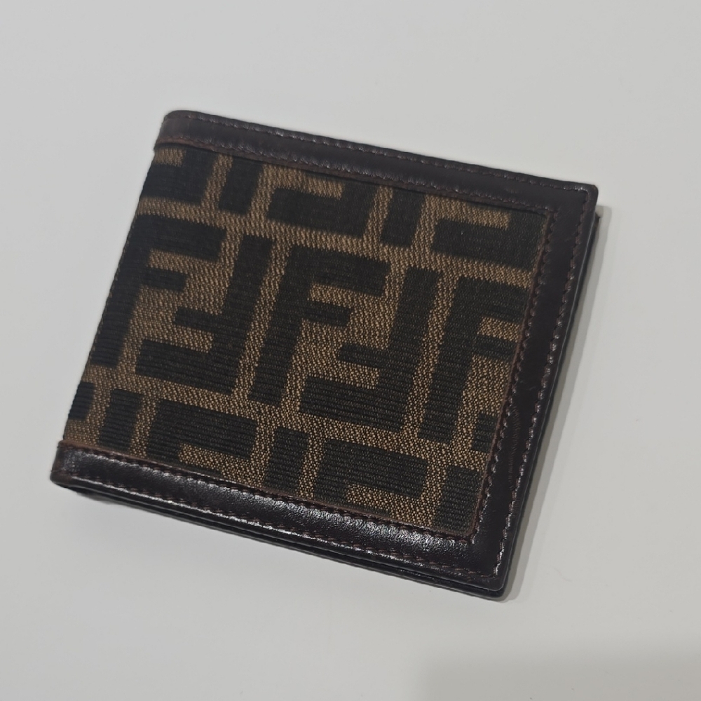 Fendi Brown Leather Canvas Mens Wallet Bifold Preowned W COA